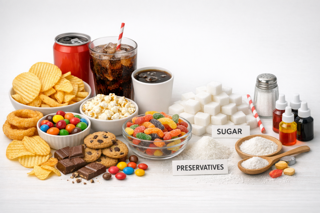 Additives to Consider Limiting Foods and additives to consider limiting shown with colorful candies, sugary snacks, and processed treats displayed in bins.