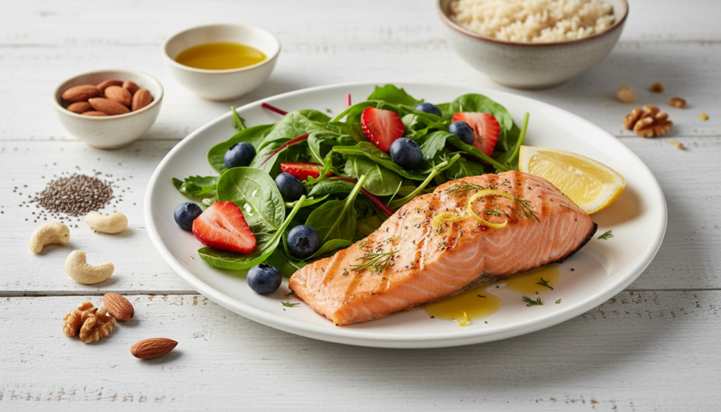 Fibromyalgia Diet Healthy Foods Fibromyalgia Diet foods such as salmon, berries, quinoa, nuts, greens, and spices.