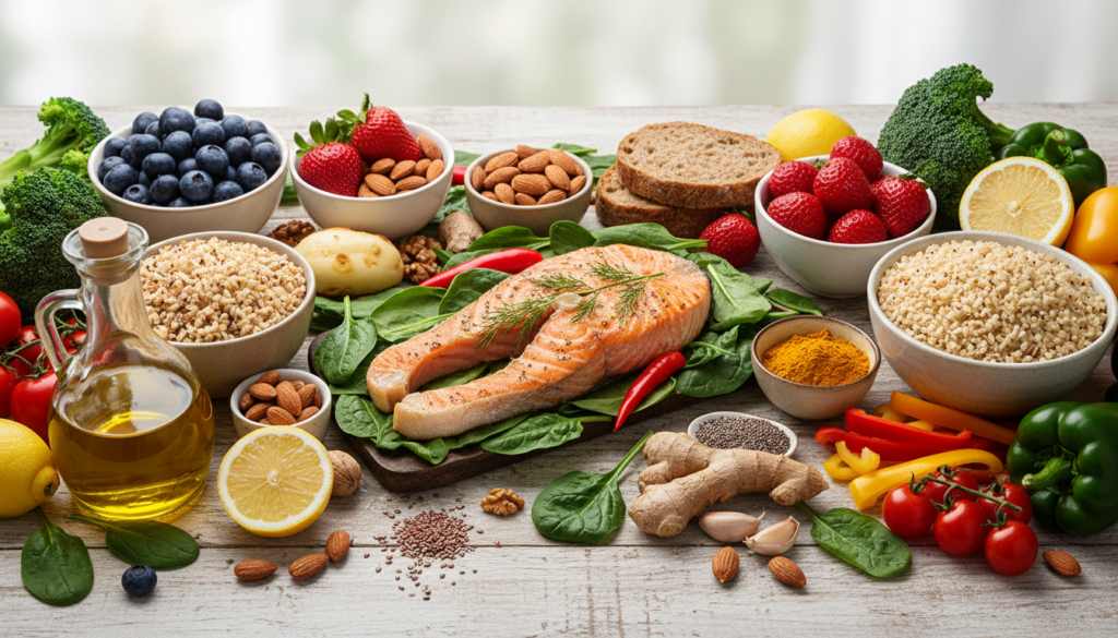 fibromyalgia-diet-symptom-support-foods Fibromyalgia Diet foods including salmon, berries, quinoa, nuts, leafy greens, peppers, garlic, ginger, turmeric, and olive oil.